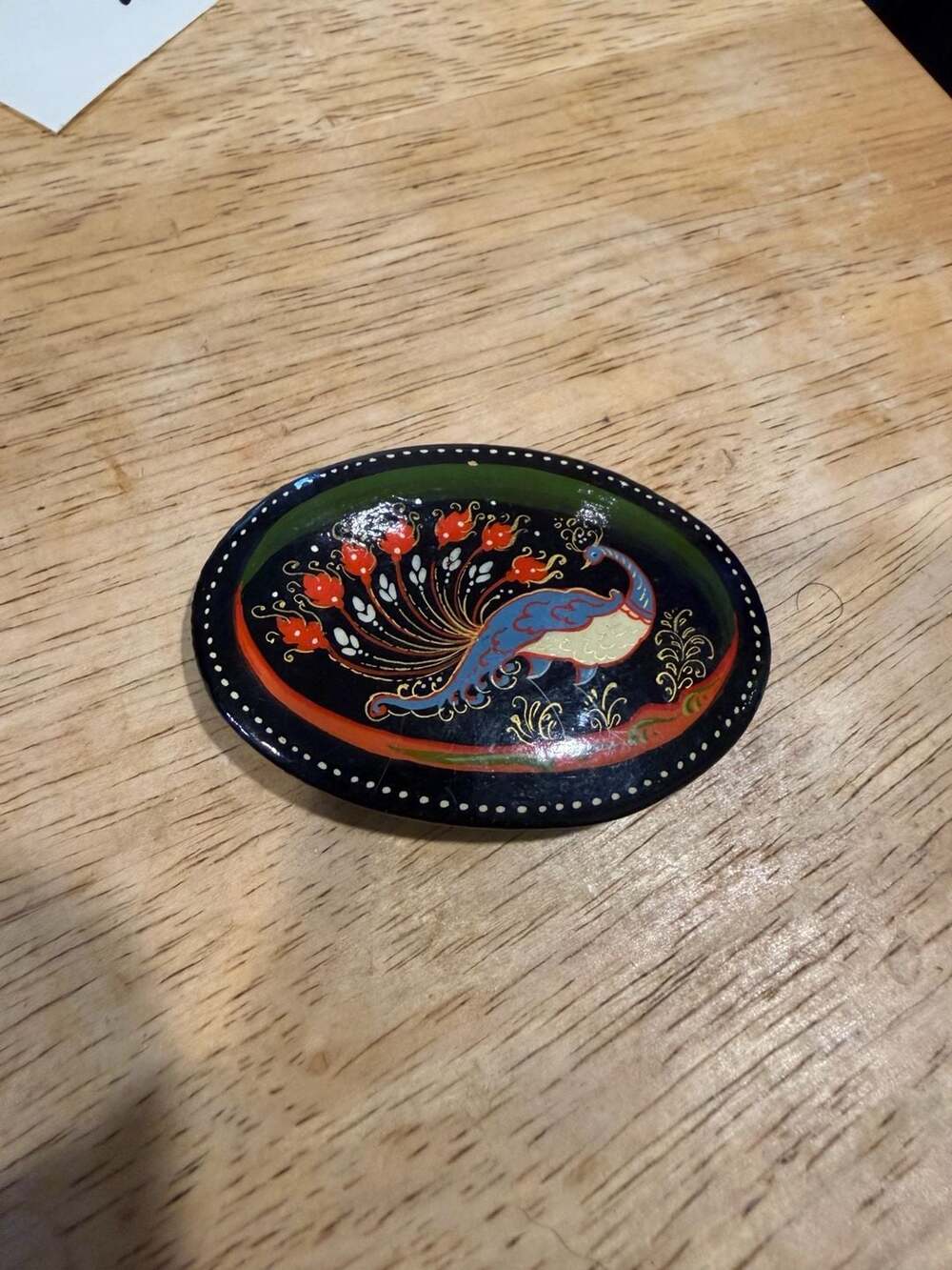 Russian Palekh Hand Painted Lacquer Peacock Brooch Pin